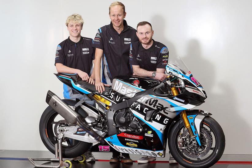 Rhys Irwin and Eugene McManus with Hawk Racing boss Steve Hicken.