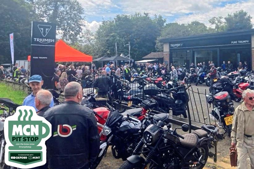 Car park filled with people and motorcycles outside Emma’s Café