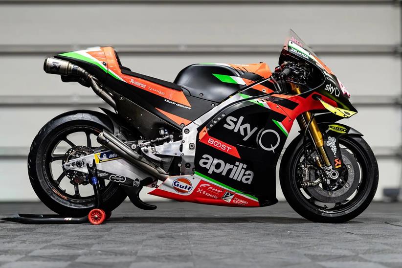 Aprilia RS-GP 20 on its stand, to be sold by Aleix Espargaro